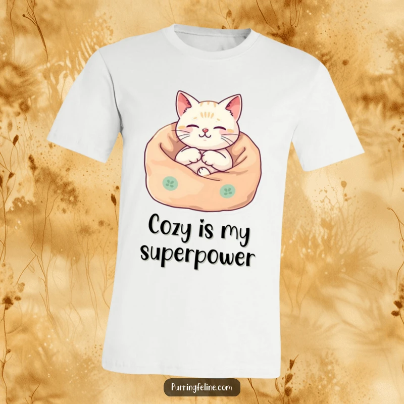 Funny T-Shirt depicting a cat snuggled in a blanket, vibrating harmoniously, radiating pure cozy bliss and comfort.