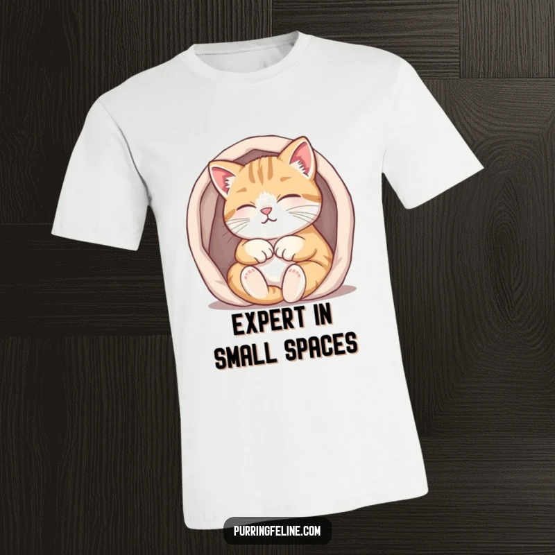 Funny purring cat t-shirt, a content cat snuggled into a tiny, warm space, emitting happy purrs, pure coziness.