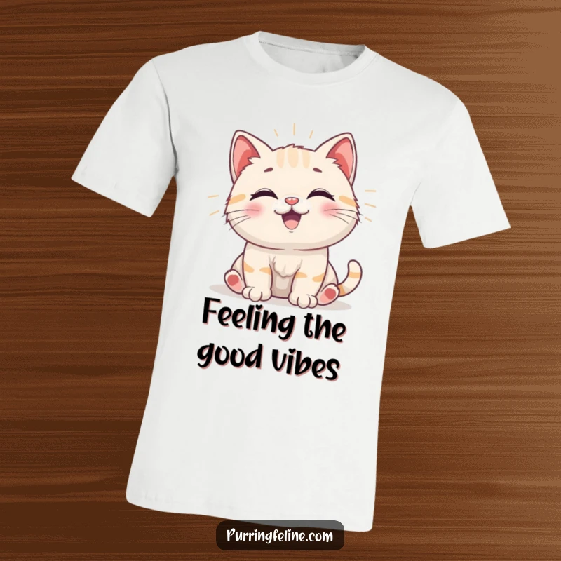 Funny T-Shirt featuring a happy cat cub emitting gentle vibrations, symbolizing contagious cheerfulness and lighthearted humor.
