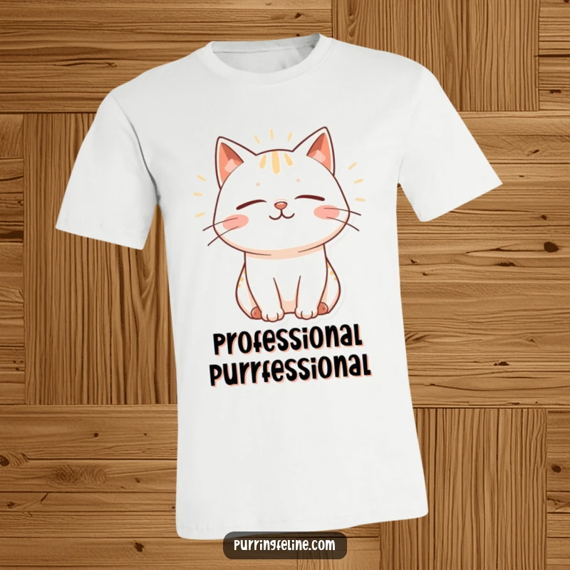 Funny T-Shirt showcasing a cat with closed eyes and a big smile, emitting peaceful vibrations, perfect for relaxed cat lovers.