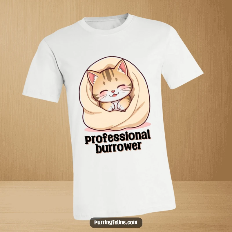 Funny Cozy Cat T-Shirt showing a cat happily burrowing into a warm, soft blanket, embodying ultimate relaxation.
