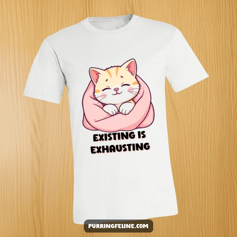 Funny cat t-shirt featuring a happy cat snuggled in a cozy blanket, its purr visualized as a warm, glowing aura, offering comfort.