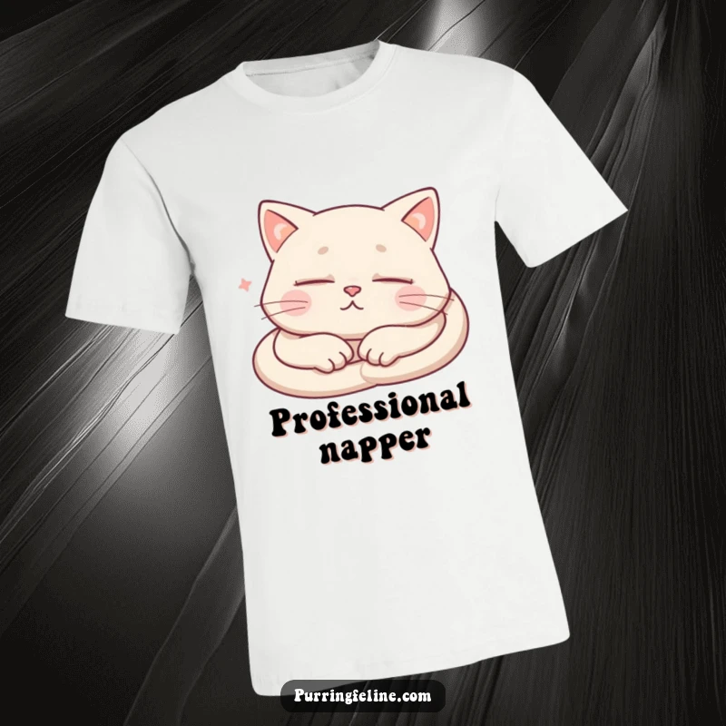 Funny T-Shirt featuring a soundly sleeping cat, complete with subtle visual cues of soft purring.