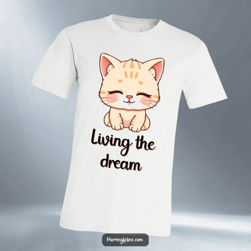 Funny T-Shirt depicts a content cat cub with closed eyes and a serene smile, radiating peace and gentle happiness.