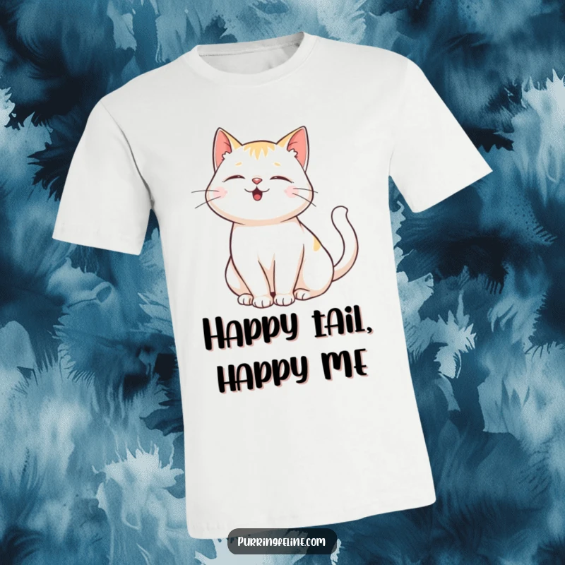 Funny Purring Cat T-Shirt: A cheerful cat purring, its tail gently swaying to express supreme happiness.