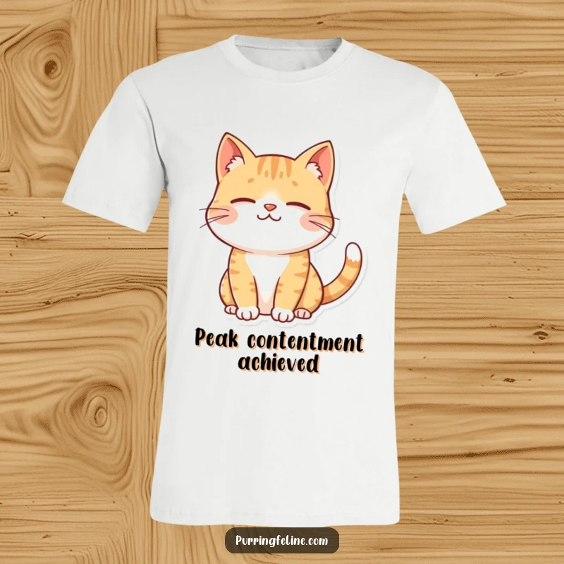 Funny contented cat t-shirt, a cat with a sweet gentle smile and a subtly twitching tail, embodying pure relaxation.