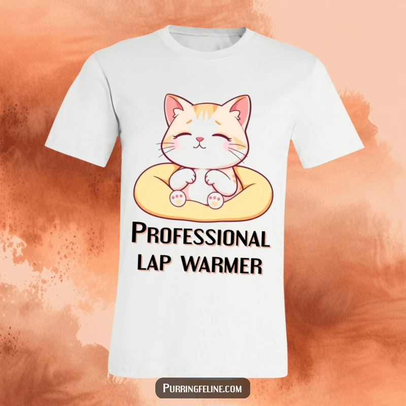 Funny serene cat t-shirt, a happy cat nestled in a warm lap, purring contentedly, a symbol of pure comfort.