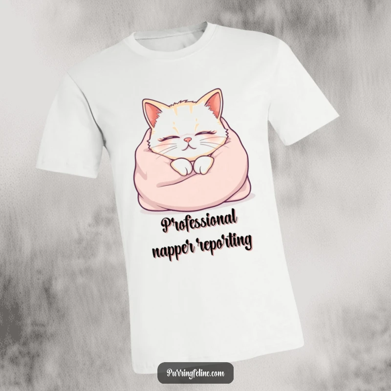 Funny cat t-shirt, cozy cat in a blanket, purring sound, joyful and humorous design, ideal funny gift.