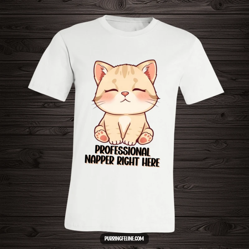 Funny T-Shirt displaying a contented cat cub in a soft murmur, embodying peaceful relaxation and gentle humor.