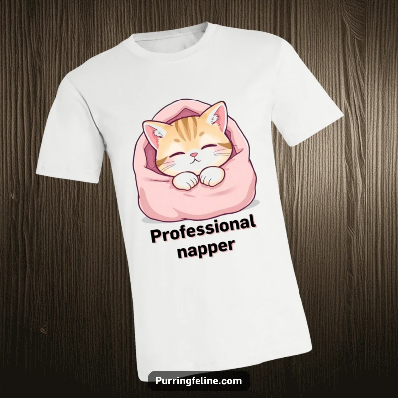 Funny t-shirt showcasing a content cat peacefully napping in a plush blanket, conveying warmth and ultimate relaxation.
