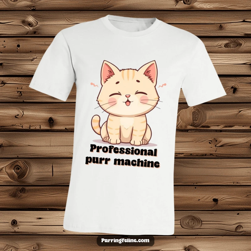 Funny Cat T-Shirt: A relaxed cat emitting a soft rumble, its ears gently perked in happy serenity.