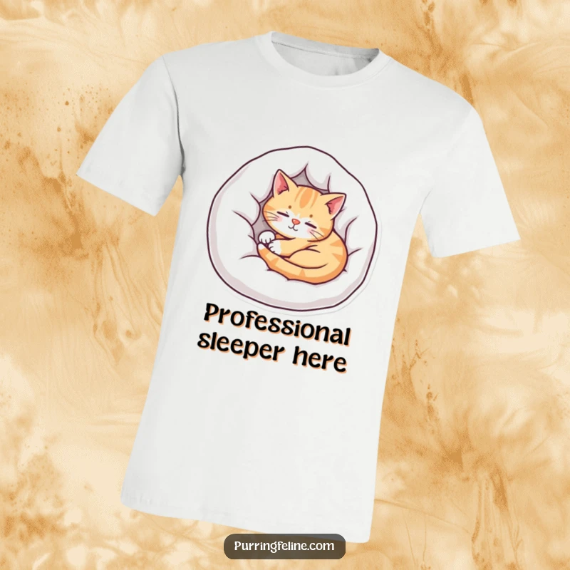Funny cat t-shirt depicting a serene cat nestled in a plush bed, symbolizing ultimate comfort and contentment.
