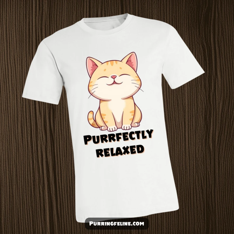 Funny T-Shirt featuring a purring cat with subtly closed eyes and a deeply relaxed posture.