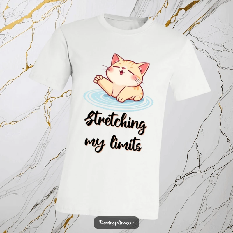 Funny contented cat t-shirt, a cat stretching with visible purr ripples, conveying ultimate relaxation and joy.