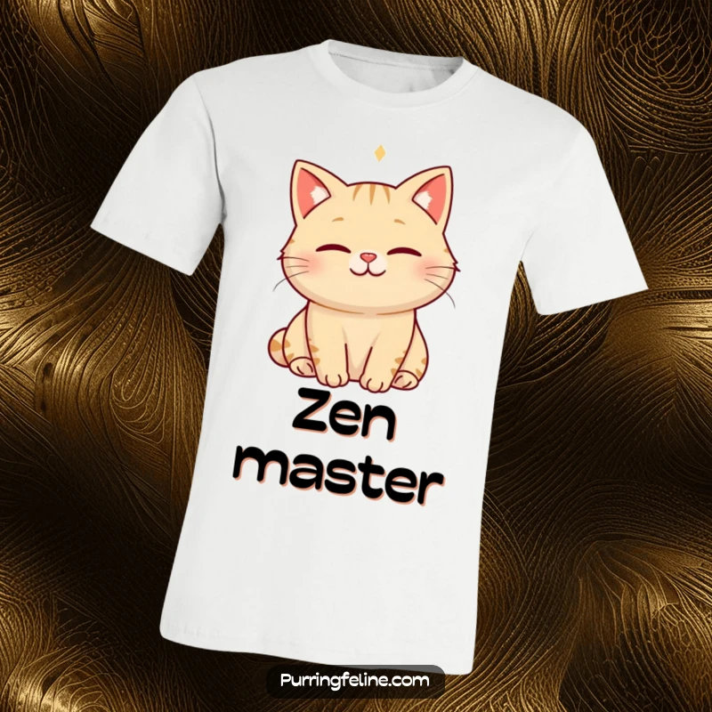 Funny serene cat t-shirt featuring a cat with a soft smile, emitting a visible hum of happiness, ideal for spreading positive vibes.