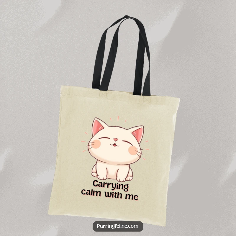 Funny tote bag with a content cat character emitting gentle, pulsating sound waves of calm.