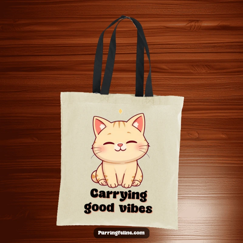 Funny serene cat tote bag with a smiling cat emitting a visible hum of happiness, perfect for carrying calm and essentials.