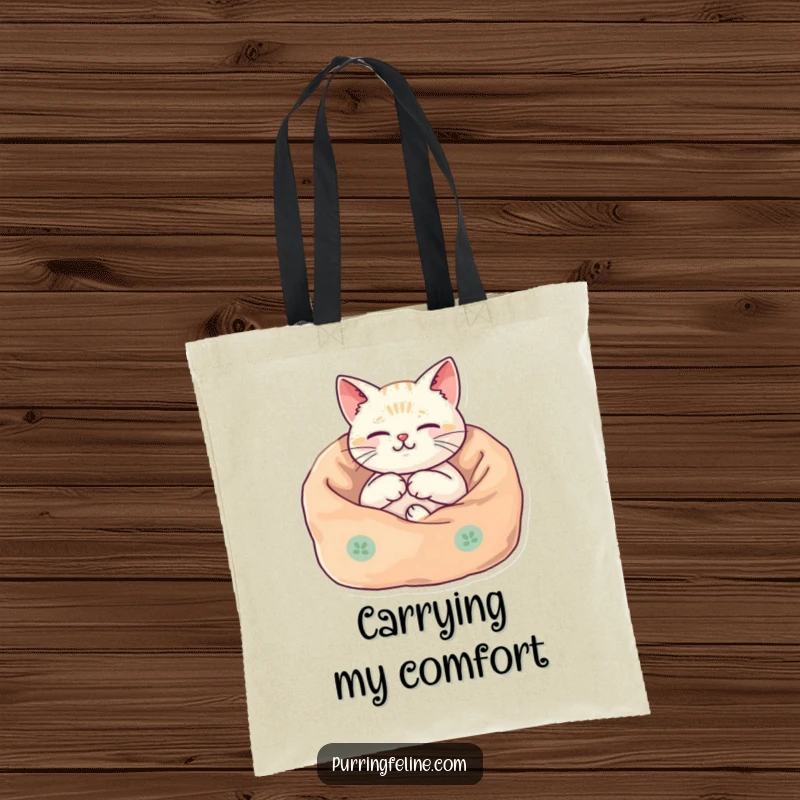Funny Tote Bag showcasing a cat nestled in a cozy blanket, its body vibrating harmoniously, symbolizing peaceful comfort.
