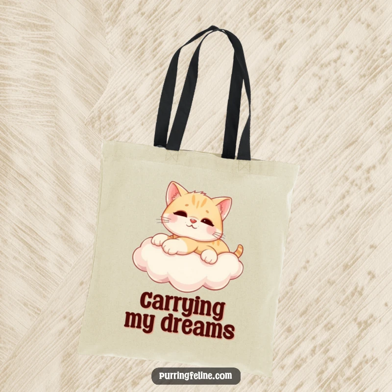 Funny Tote Bag featuring a relaxed cat cub stretched out on a sunny cloud, ideal for carrying essentials with a dreamy flair.