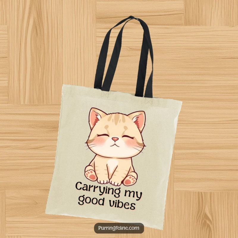 Funny Tote Bag showcasing a contented cat cub softly murmuring, perfect for carrying essentials with a dose of quiet humor.