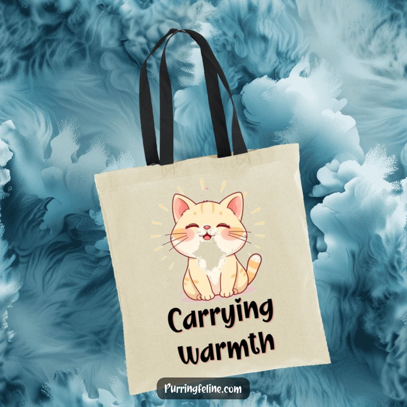 Funny Tote Bag: A purring cat radiating warmth through its gentle hum, symbolizing comfort and loving energy.