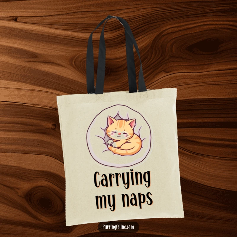 Funny cat tote bag design featuring a deeply relaxed cat snoozing in a comfy bed, perfect for carrying essentials.