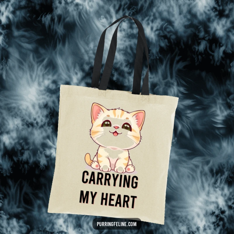Funny Cat Tote Bag: A small cat cub with wide eyes looks up with adoration, a charming and practical bag for cat lovers.