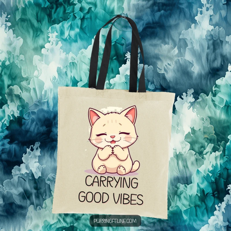 Funny tote bag showing a purring cat with a warm glow, great for carrying items peacefully.