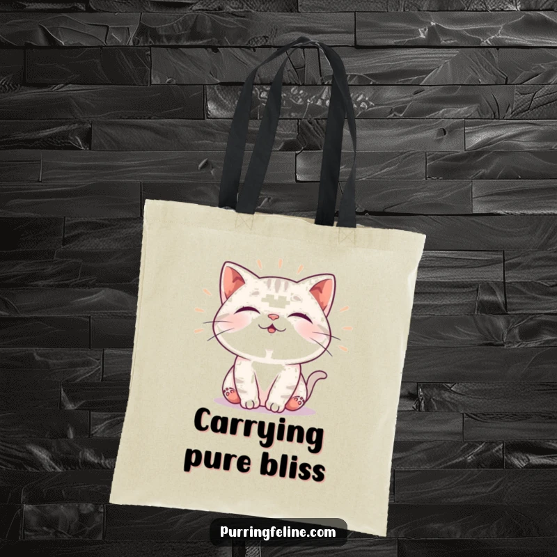 Funny tote bag featuring a cat emitting soft, rhythmic vibrations of contentment, symbolizing peacefulness and joy, a practical and humorous gift.