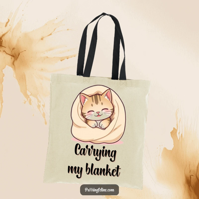 Funny Cozy Cat Tote Bag featuring a happy cat burrowing into a warm, soft blanket, showcasing ultimate coziness.