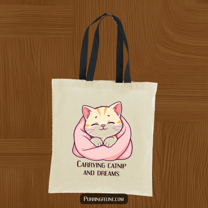Funny cat tote bag with a happy cat curled in a soft blanket, its purr visualized as a visible warm glow, adding charm to errands.