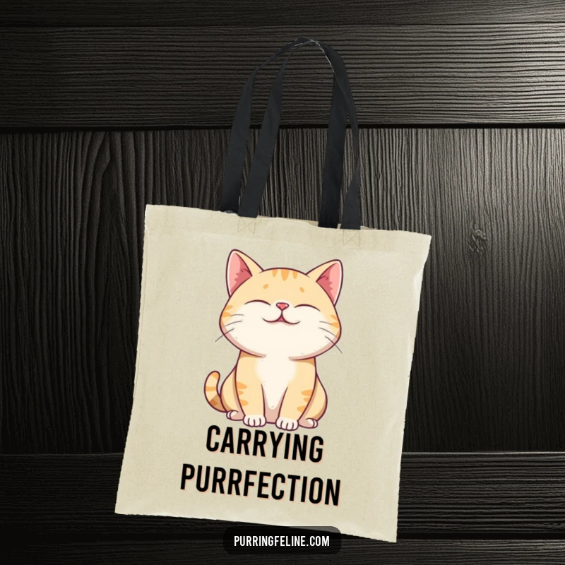 Funny Tote Bag illustrating a purring cat with eyes closed and a relaxed posture, emanating humorous peace.
