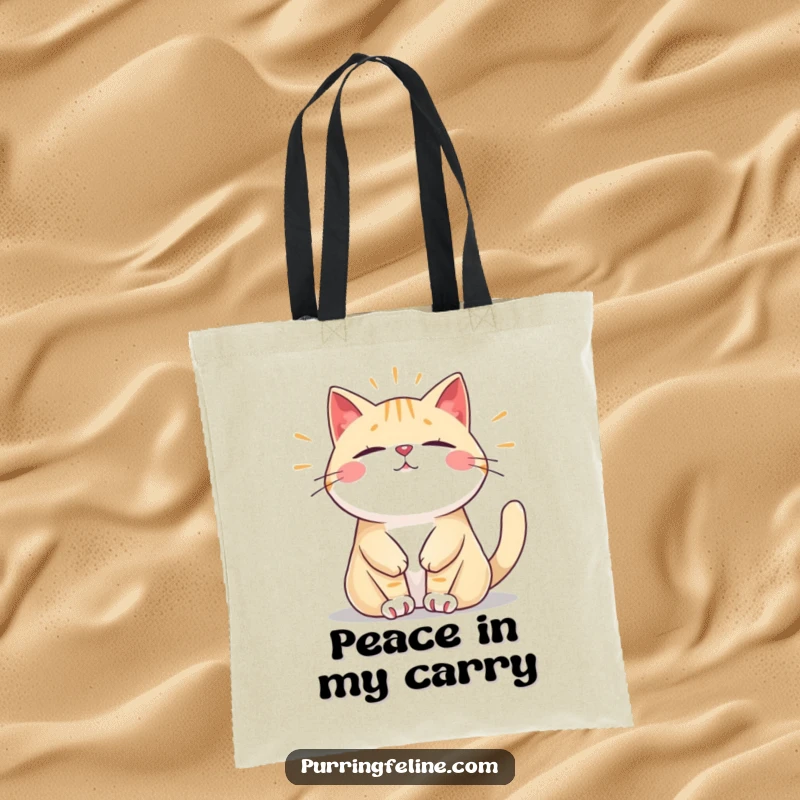 Funny tote bag featuring a relaxed cat vibrating with a peaceful, steady hum, perfect for carrying essentials with humorous serenity, a great gift.