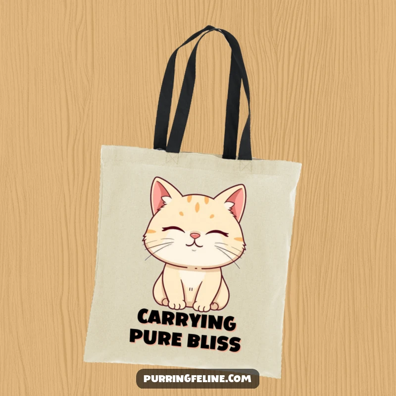 Funny Tote Bag illustrating a serene cat with a subtle smile, emanating peaceful and humorous vibes.