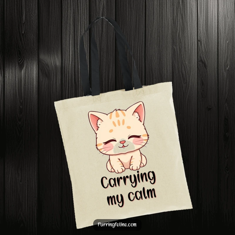 Funny Tote Bag featuring a content cat cub with closed eyes and a serene smile, ideal for carrying essentials with peaceful flair.