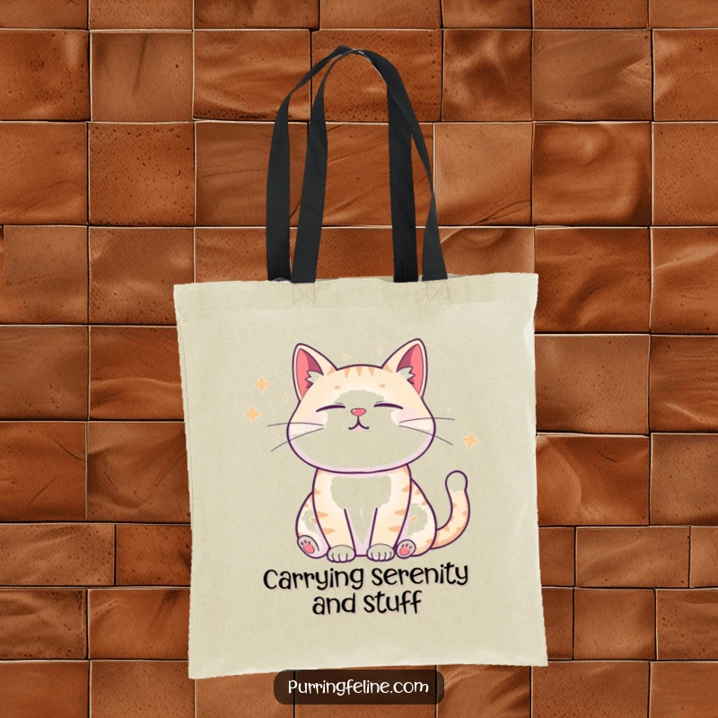 Funny Tote Bag illustrating a peaceful cat emitting calming sound waves, perfect for carrying peace and humor.