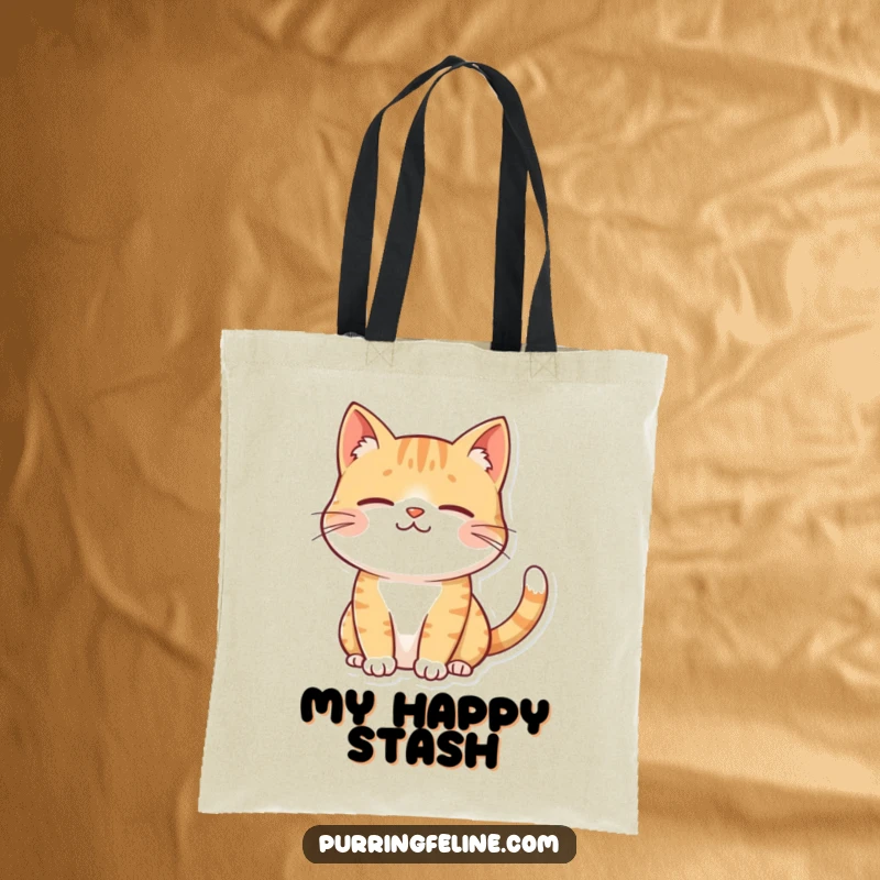 Funny contented cat tote bag, a cat beaming with a gentle smile and a softly twitching tail, carrying peace.